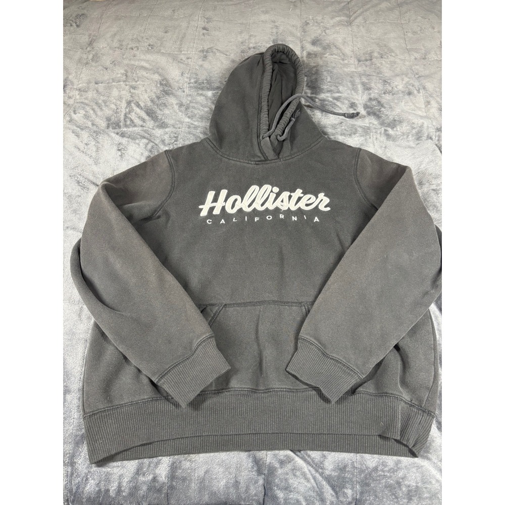 Hollister California Mens Pullover Hoodie Charcoal Gray Logo‎ Fleece Size L